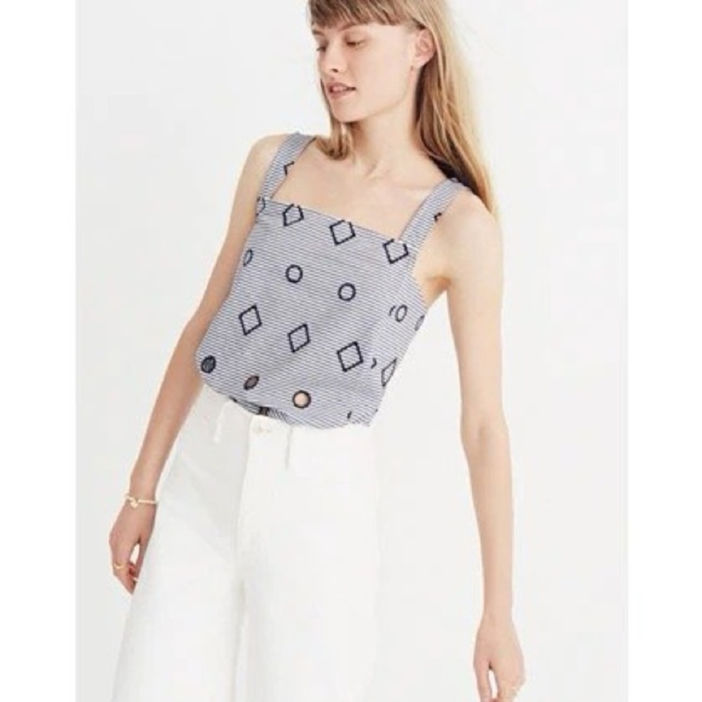 Madewell Blue Embroidered Striped Tank Top w/ Cutouts Size 4/Small